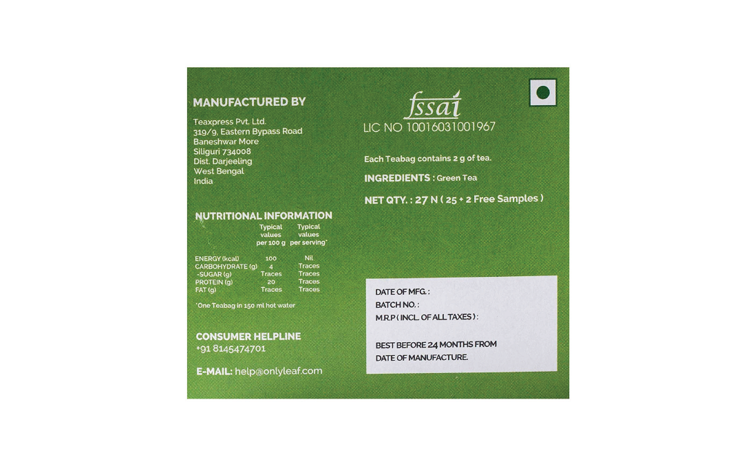 Only Leaf Organic Green Tea    Pack  27 pcs